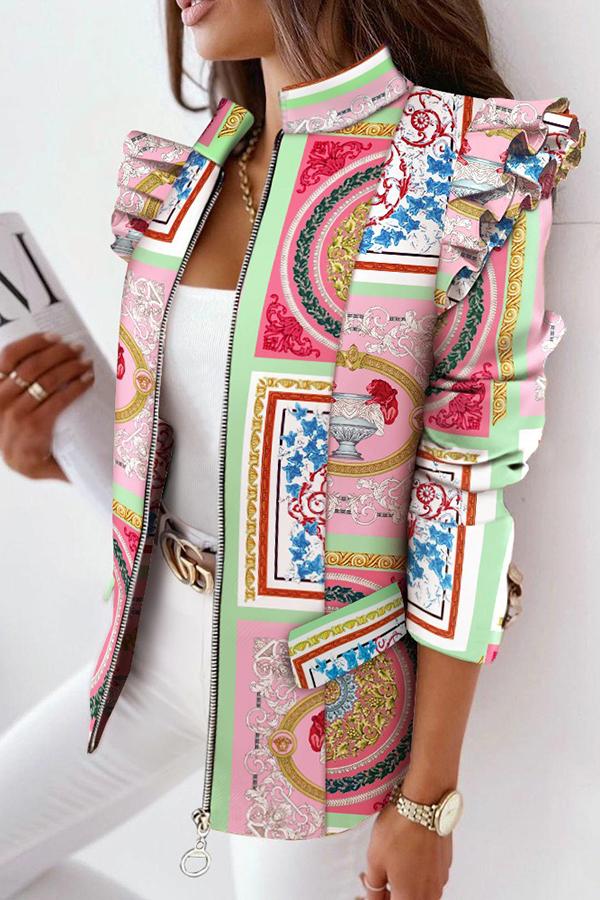 Melrose Plaid Print Ruffles Sleeve Zipper Up Coat-consonak