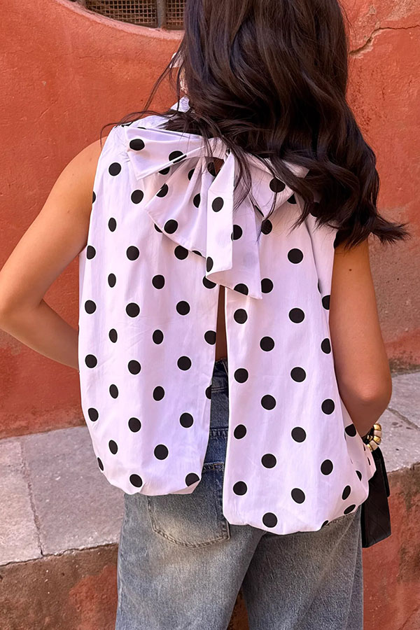 Kaiah Polka-Dot High Neck Back Slit Bow Tie-up Sleeveless Loose Top