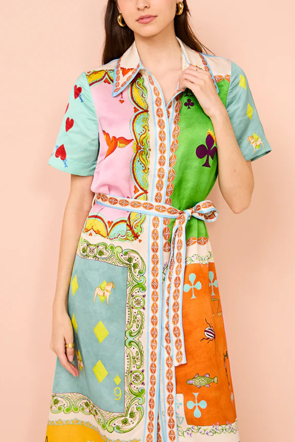 Kiana Linen Blend Unique Print Short Sleeved Tie Waist Shirt Maxi Dress-consonak