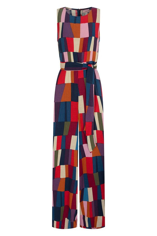 Retro Chic Linen Blend Colorful Color Block Front Waist Tie Detail Sleeveless Wide Leg Jumpsuit-consonak