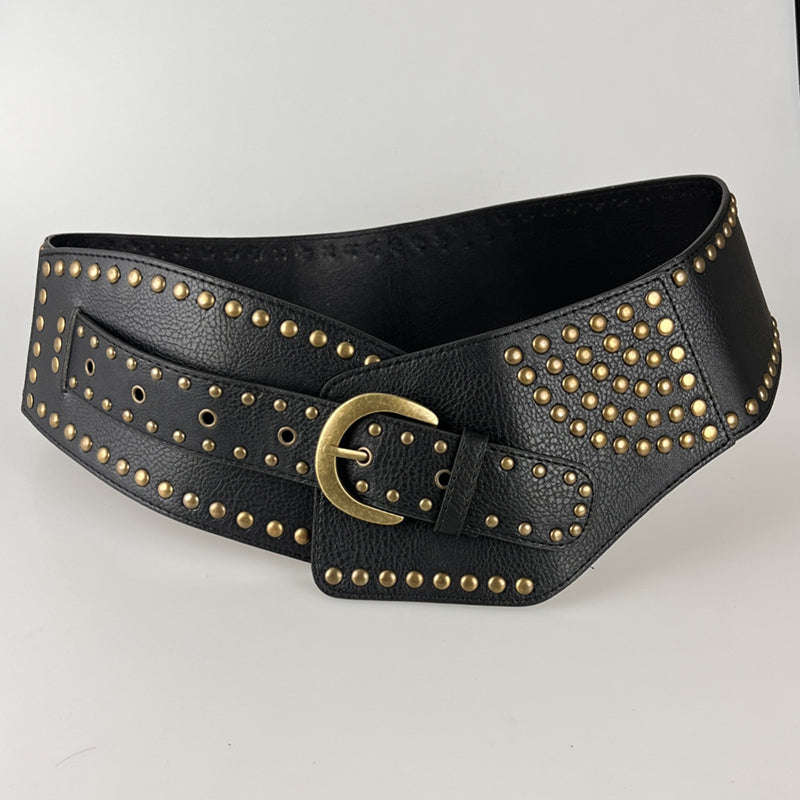 Vintage Faux Leather Rivet Pin Buckle Wide Belt | Consonak