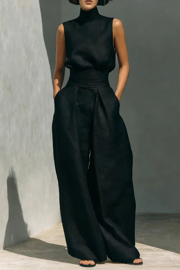 Linen Blend Solid Color Turtleneck Sleeveless Top and Casual High-waisted Elastic Waist Pocket Wide-leg Pants Set