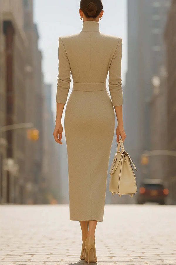 Elegant V-neck Long-sleeved High-waisted Slim-fit Midi Dress-consonak
