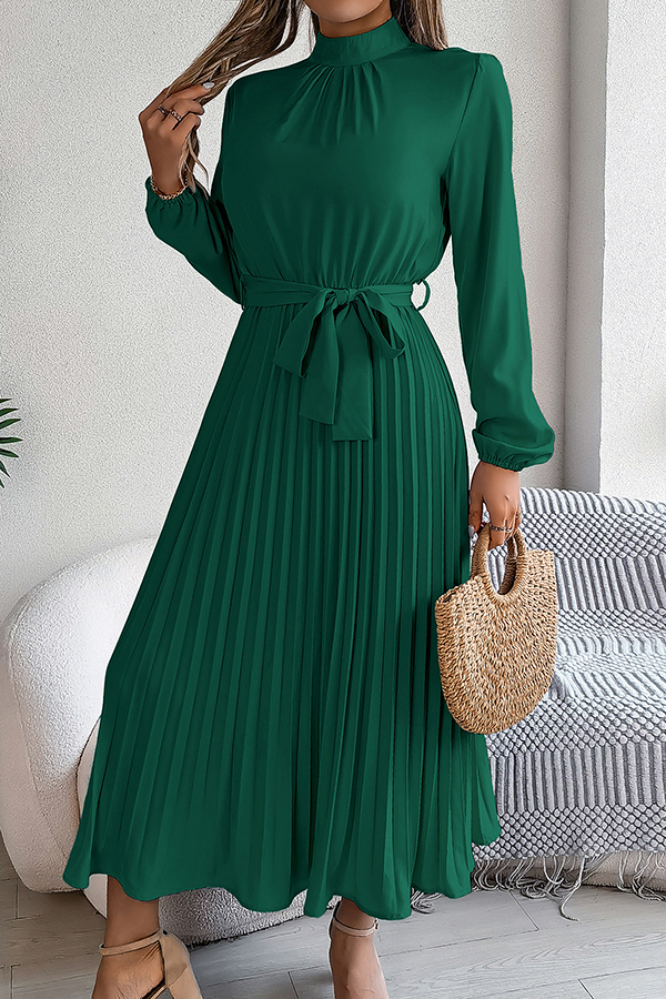Elegant Stand-collar Long-sleeve Waisted Tie-up Pleated Midi Dress-consonak