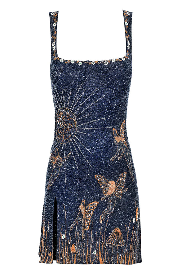 Starry Sky Element Design Magical Night Sky Shining Pattern Square Neck Split Mini Dress | Consonak