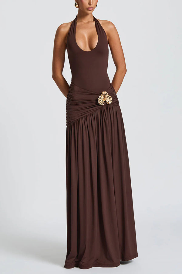 Solid Color Halter Neck Backless Slim Fit Pleated Slit Maxi Dress | Consonak