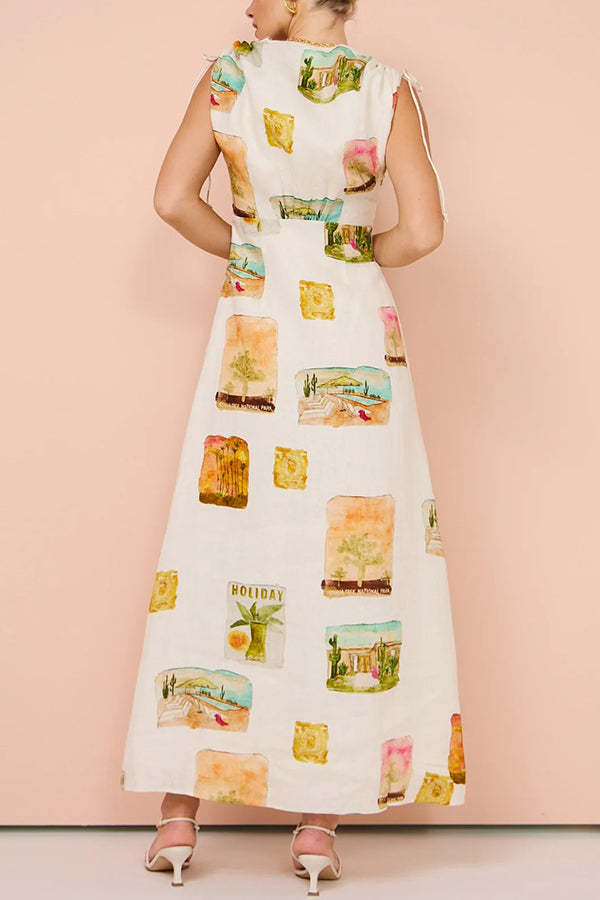 Art Summer Linen Blend Unique Print Drawstring Shoulder Loose Maxi Dress-consonak