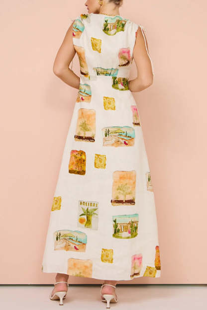 Art Summer Linen Blend Unique Print Drawstring Shoulder Loose Maxi Dress-consonak