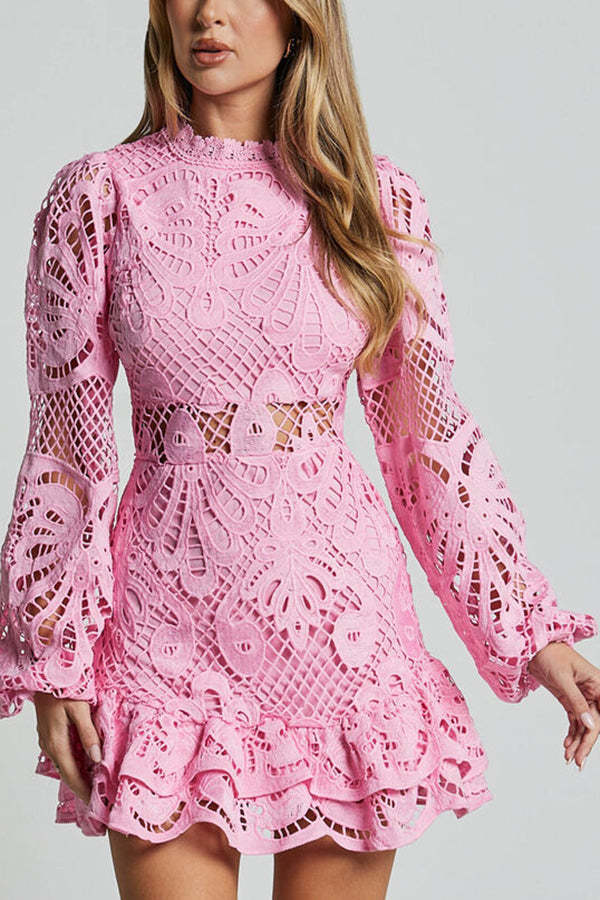 Solid Color Hollow Long-sleeved Waisted Lace Mini Dress-consonak