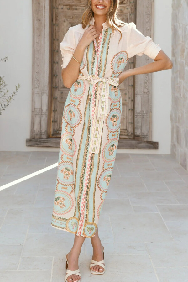 Unique Printed Puff Sleeve Button Lace Up Vacation Maxi Dress-consonak