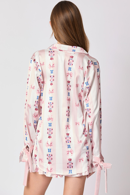 Unique Printed Loose Pocket Bow Tie Top and Elastic Waist Ruffled Shorts Set-consonak