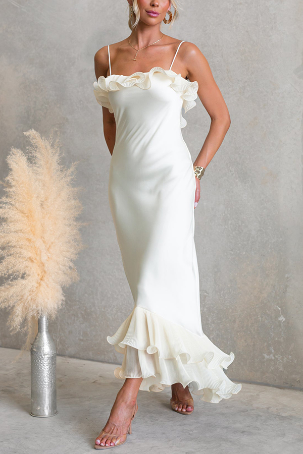 Bella Satin Pleated Chiffon Ruffle Details Slip Maxi Dress