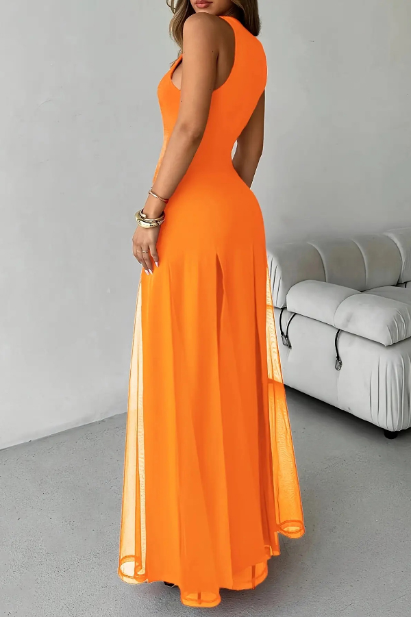 Solid Color Round Neck Sleeveless Slim Fit Sheer Patchwork Hem Maxi Dress | Consonak