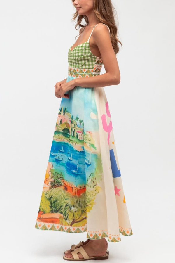 Unique Printed Spaghetti Strap Pleated Casual Maxi Dress-consonak