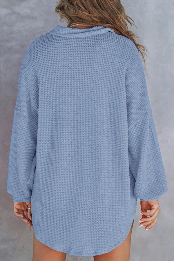 Solid Color Waffle Loose Casual Knitted Pocket Top-consonak