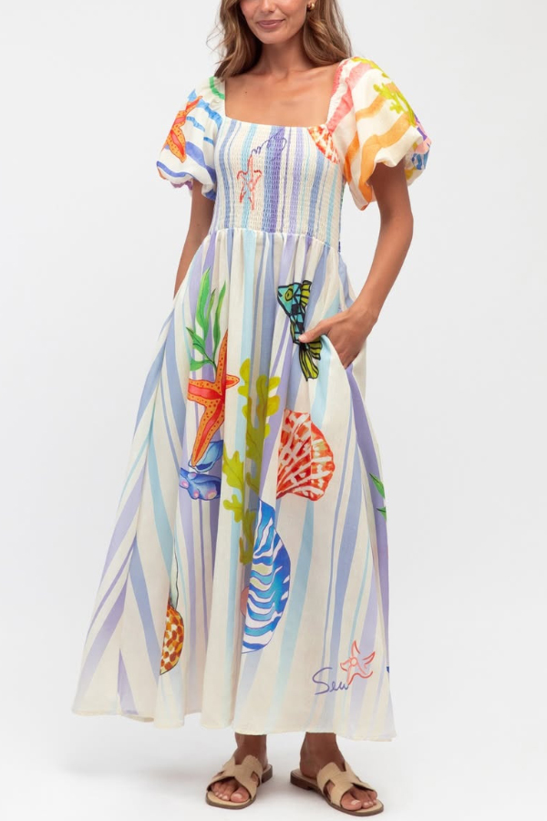 Marine Creature Print Square Neck Puff Sleeve Pleated Casual Pocket Maxi Dress-consonak