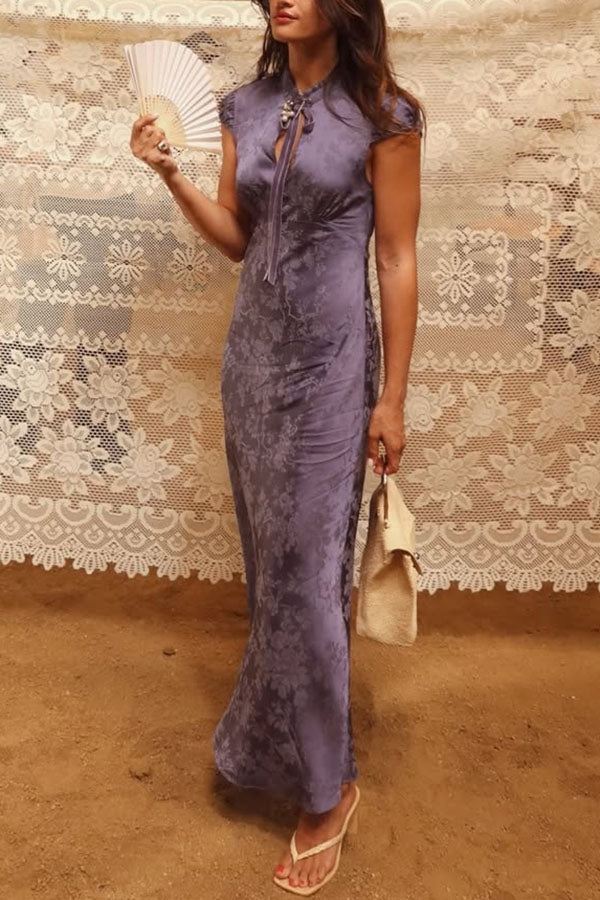 30s-inspired Satin Jacquard Floral Print Ruffle Velvet Bow Neck Short Sleeve Maxi Dress