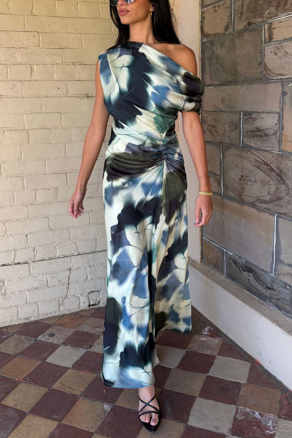 Unique Print Asymmetrical Off-Shoulder Pleated Waist Casual Maxi Dress