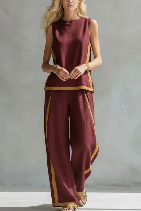 Linen Blend Color-blocked Round Neck Sleeveless Loose Top and Elastic Waist Casual Pocket Wide-leg Pants Set