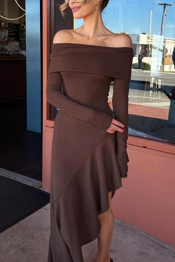 Temperament Off Shoulder Long Sleeve Irregular Hem Stretch Maxi Dress-consonak