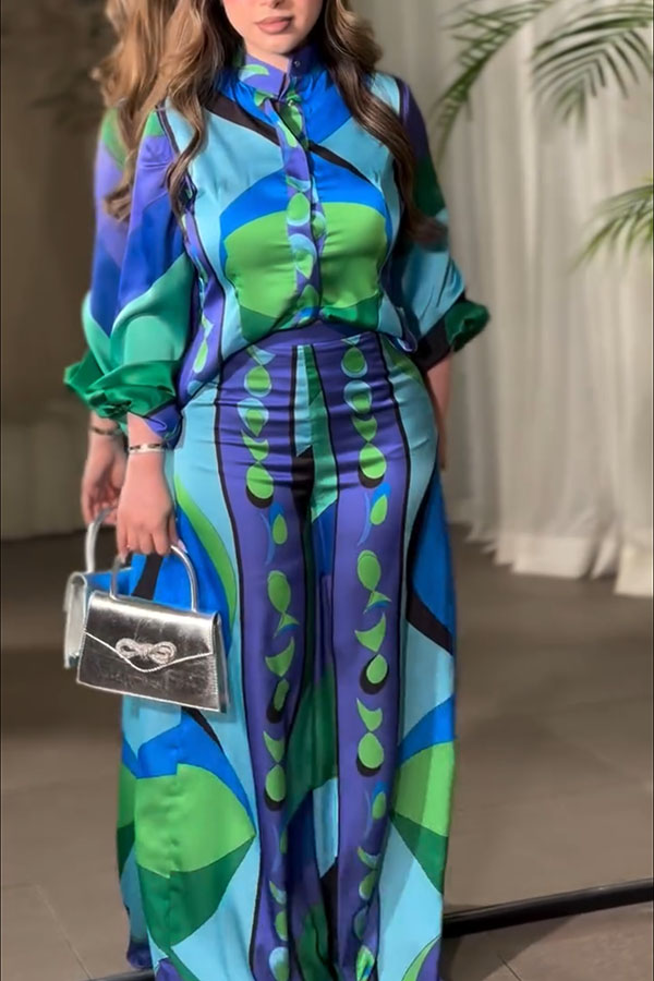 Ellie Satin Unique Print Balloon Sleeve High Low Shirt and Elastic Waist Pocket Loose Pants Set-Consonak