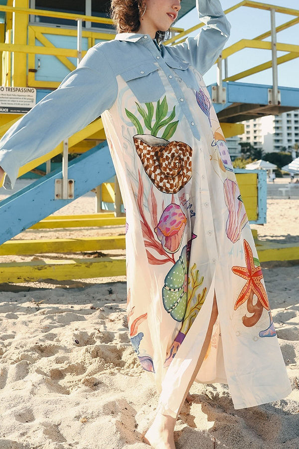 Take A Trip Marine Elements Unique Print Patchwork Pocketed Long Shirt Coat | Consonak