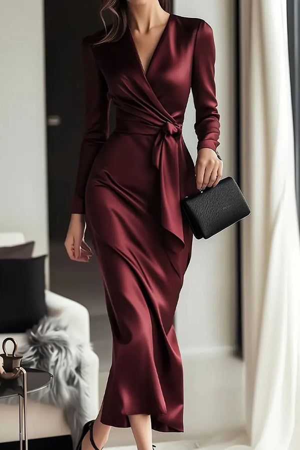 Solid Color Satin V-neck Long Sleeve Waist Tie Slim Midi Dress-consonak