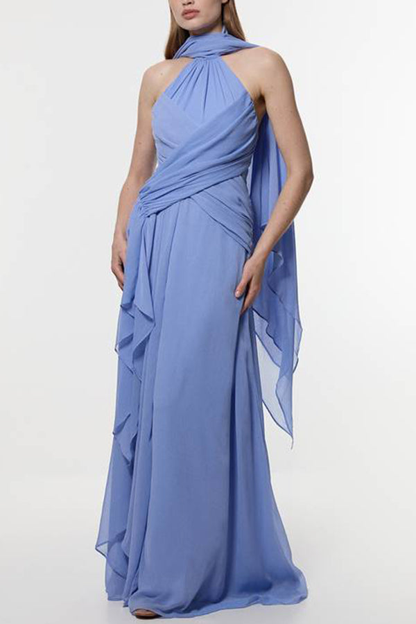 Spring Enchantment Chiffon Crinkle Cross Front Drape Scarf Maxi Dress