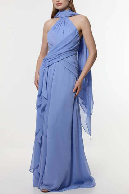 Spring Enchantment Chiffon Crinkle Cross Front Drape Scarf Maxi Dress