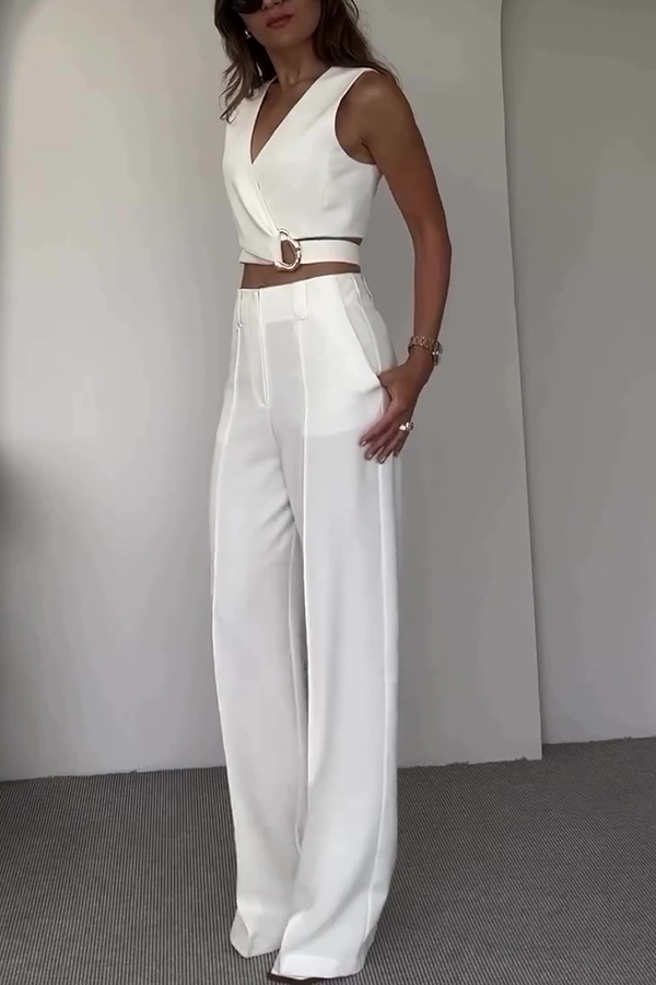 Crossover Slim Fit Sleeveless Vest and High Waisted Wide Leg Pants Set-consonak