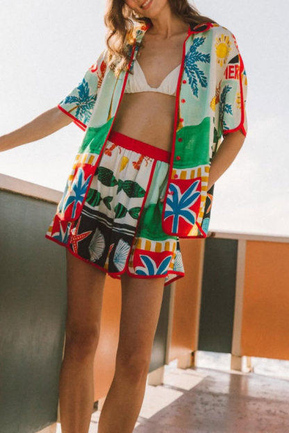 Linen Blend Summer-themed Printed Collared Short-Sleeve Loose-Fitting Shirt and Elastic Waist Casual Shorts Set