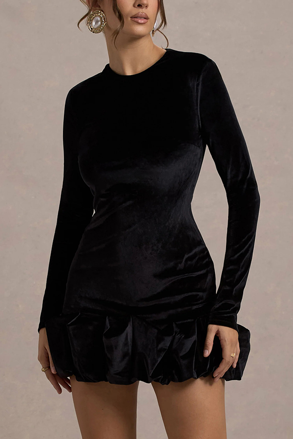 Solid Color Velvet Slim-fit Long-sleeved Mini Dress-consonak