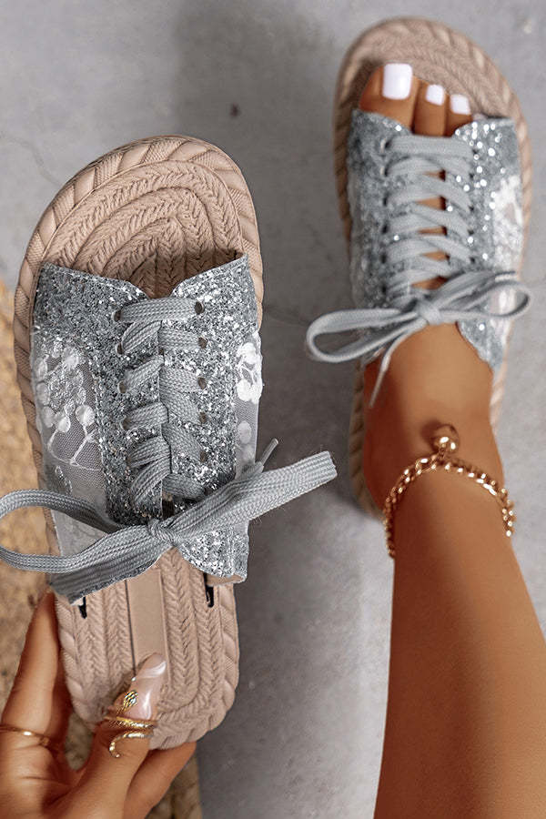 Sequined Mesh Embroidered Casual Strappy Flat Slippers-consonak
