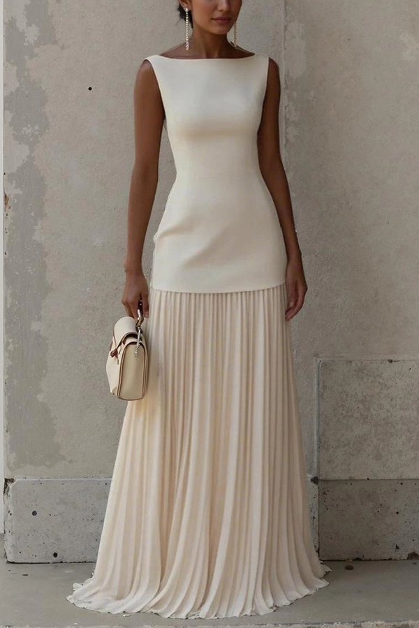 Solid Color Sleeveless Pleated Elegant Maxi Dress-consonak