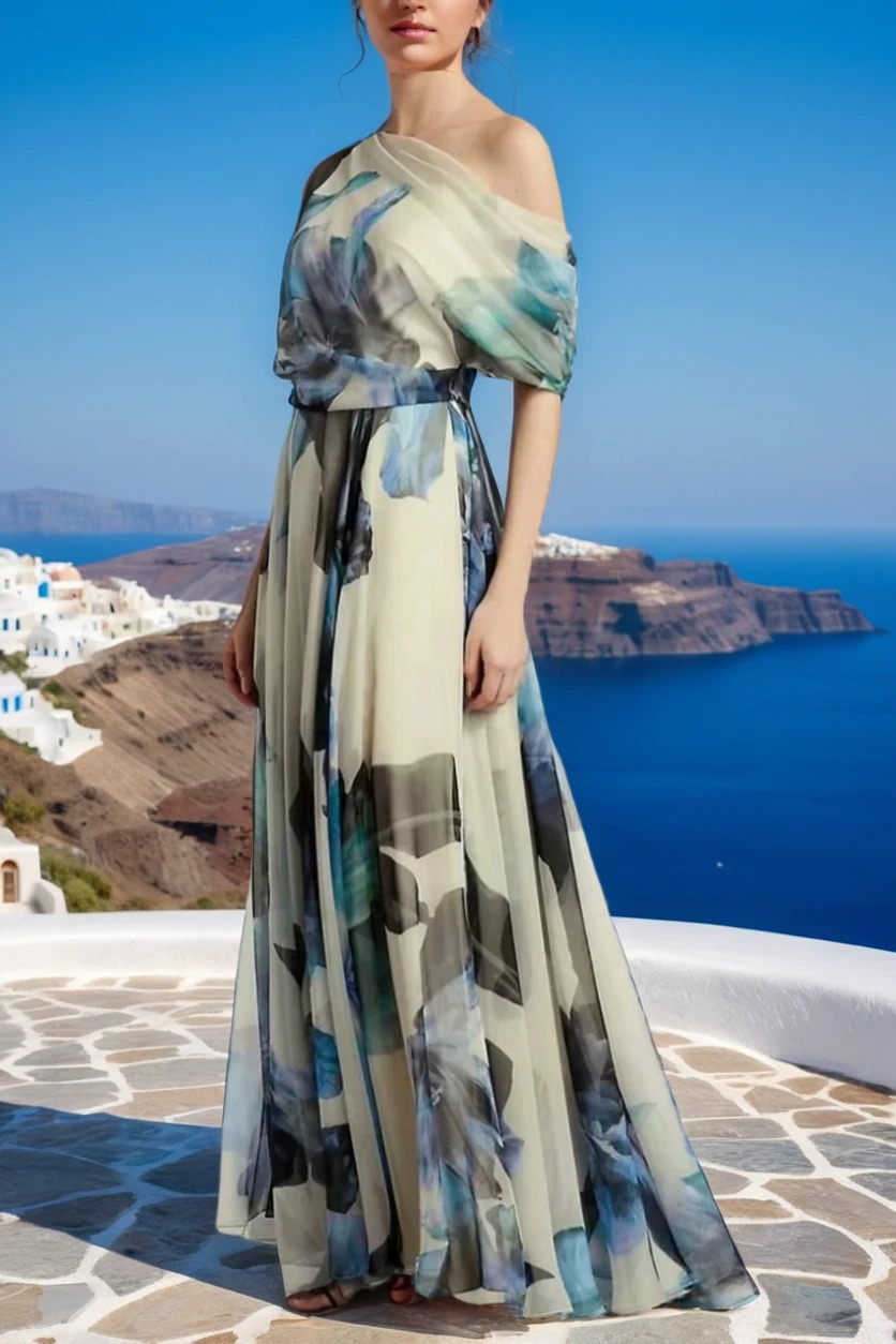 Ladies' French Sky Blue Asymmetric Printed Chiffon Long Skirt Summer | Consonak