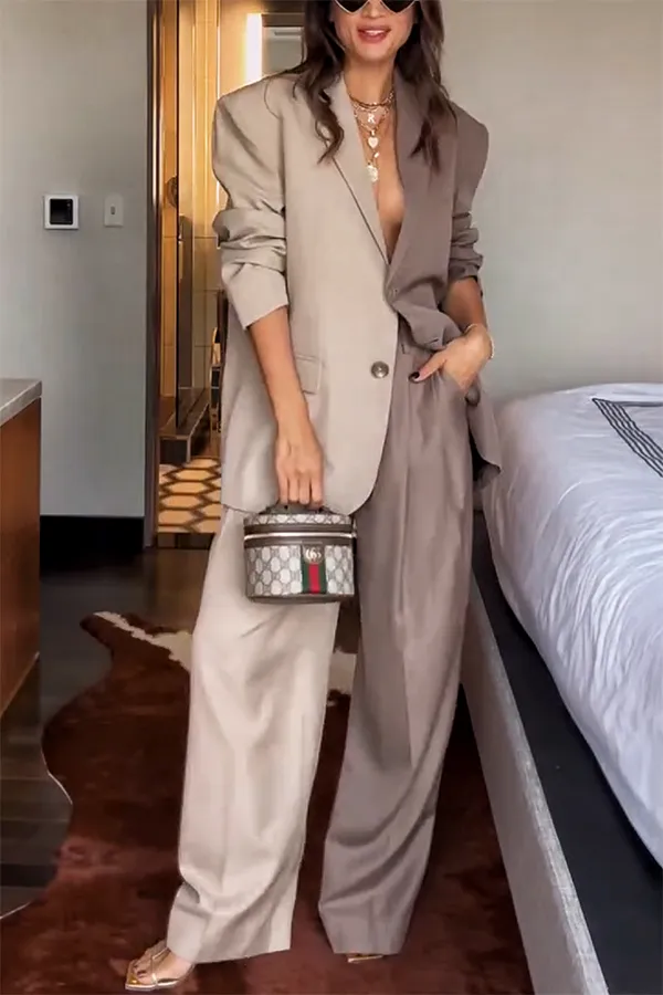 Girl Boss Avant-garde Contrast Colors Lapel Boyfriend Blazer and Pocketed Wide Leg Pants Set-Consonak