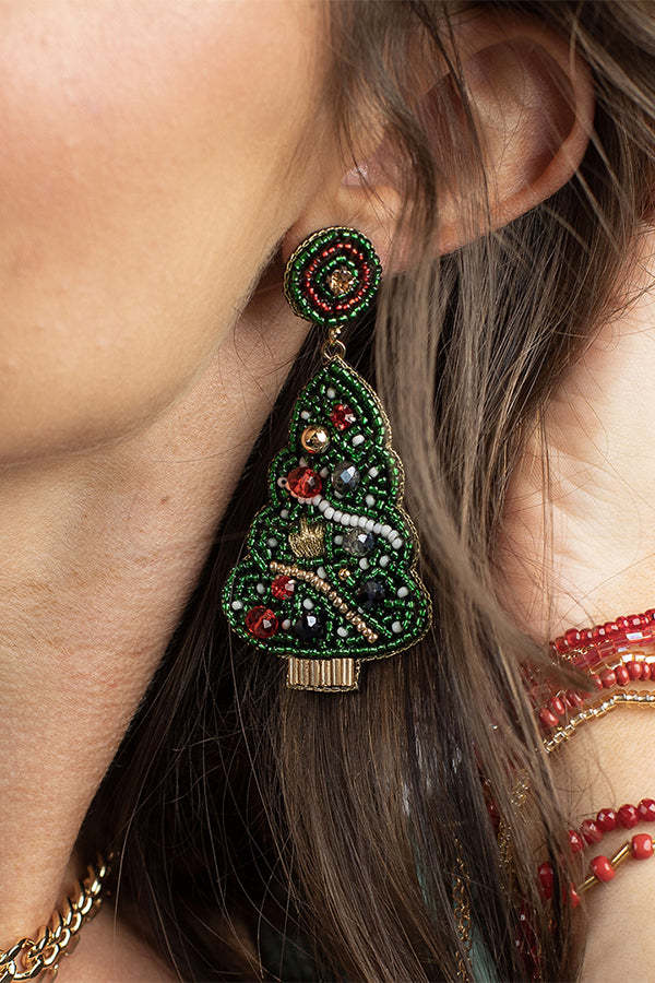 Handmade Christmas Tree Shape Beaded Earrings-consonak