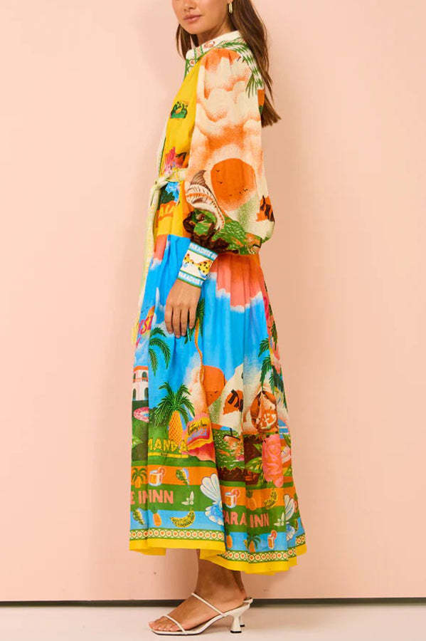 A World of Colour Unique Print Balloon Sleeve Belt Shirt Midi Dress-consonak