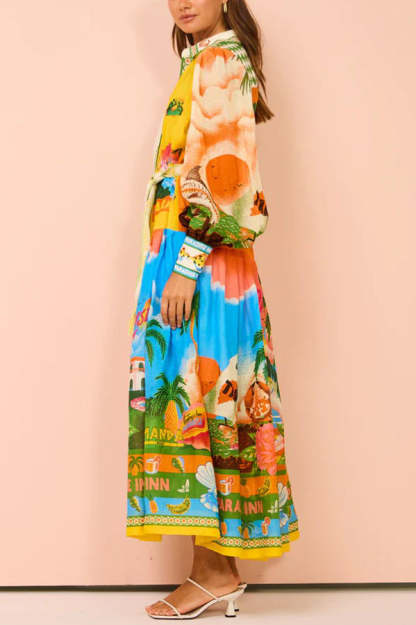 A World of Colour Unique Print Balloon Sleeve Belt Shirt Midi Dress-consonak