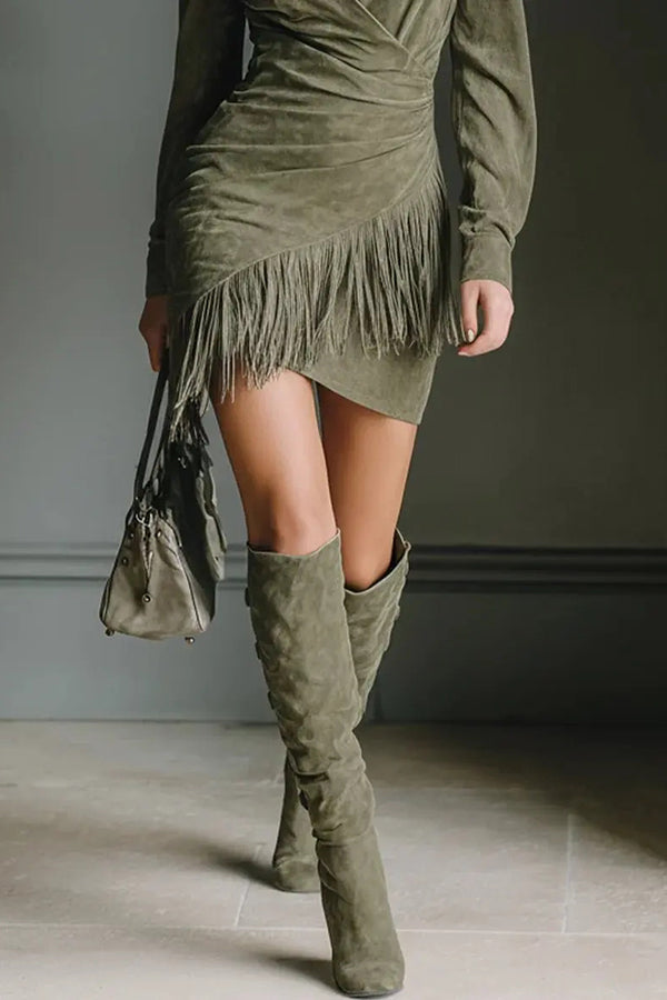 Solid Color Suede Slim-fit Long-sleeved Tassel Mini Dress-consonak