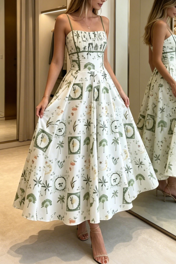 Unique Printed Thin-strapped Pleated Waist Casual Maxi Dress | Consonak