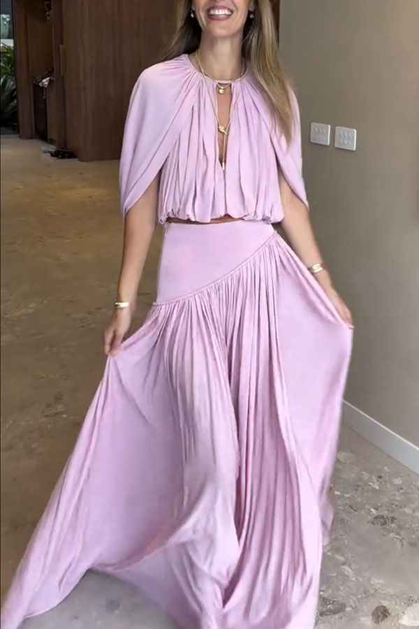 Venus Cutout Neck Slit Sleeve Crop Ruched Top and High Rise Pleated Maxi Skirt Set-consonak