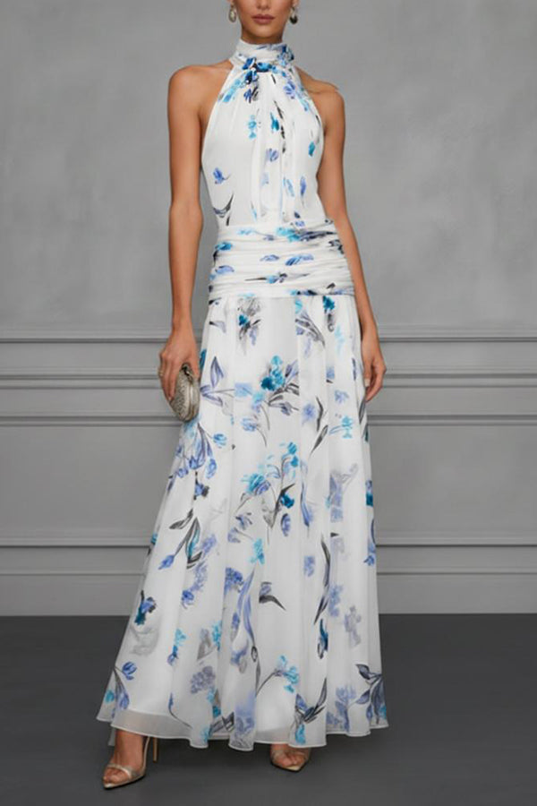 Aria Ruched Halter Floral Dress-Consonak