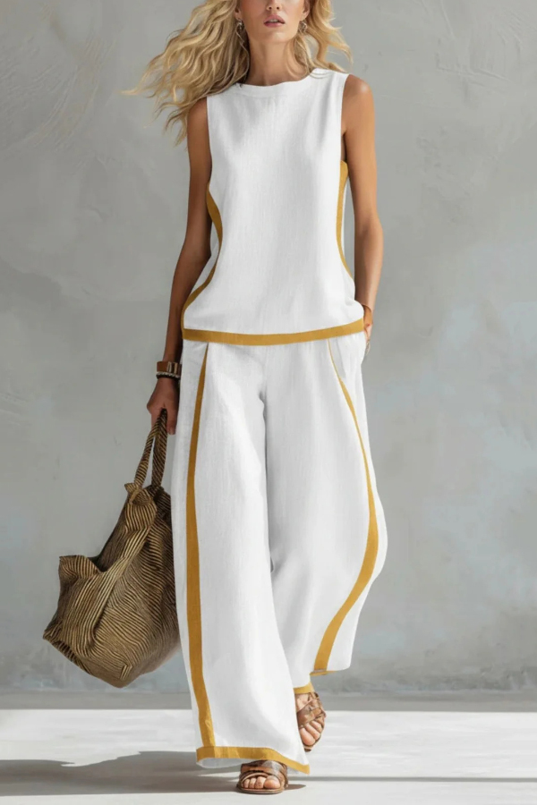 Linen Blend Color-blocked Round Neck Sleeveless Loose Top and Elastic Waist Casual Pocket Wide-leg Pants Set