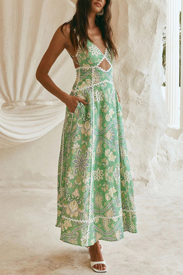 Linen Blend Unique Print V-neck Sleeveless Cutout Waist-cinching Maxi Dress