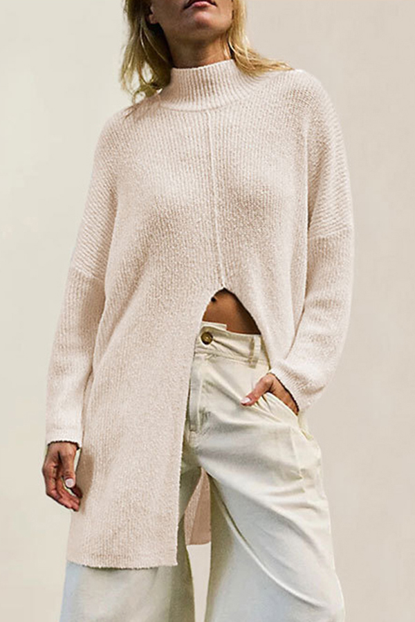 Solid Color Long Sleeve Slit Knitted Sweater-consonak