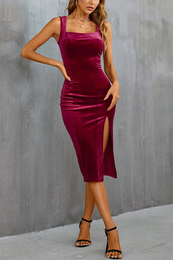 Solid Color Velvet Square Neck Slim Fit Slit Midi Dress-consonak