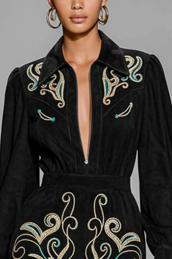 Fashionable Embroidered Floral Pattern Long-sleeved Fitted Waist Mini Dress-consonak