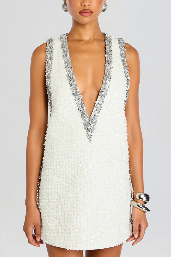 Cocktail Charm Sequin Colorblock Trim V-neck Sleeveless A-line Mini Dress-consonak