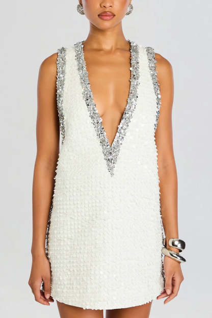 Cocktail Charm Sequin Colorblock Trim V-neck Sleeveless A-line Mini Dress-consonak